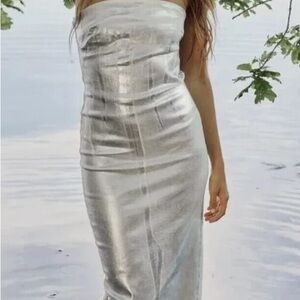 Elegant Metallic Denim Strapless Dress